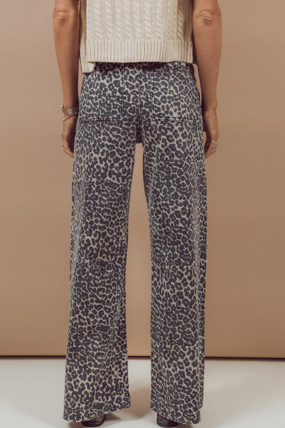 Black Leopard Print Wide Leg High Waist Jeans