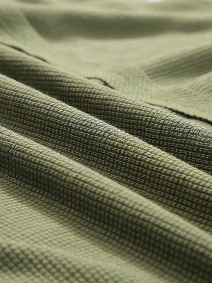 Green Plaid Bubble Sleeve Waffle Knit Patchwork Top