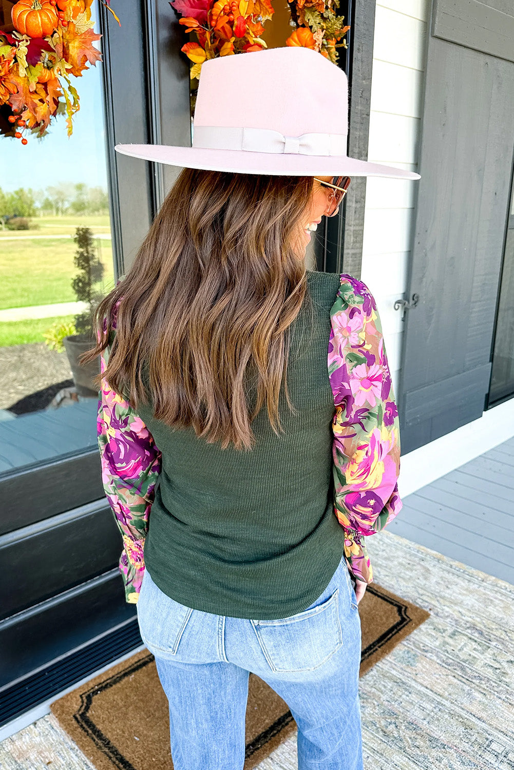 Green Floral Ribbed Frill Neck Long Sleeve Top with a Misty Twist