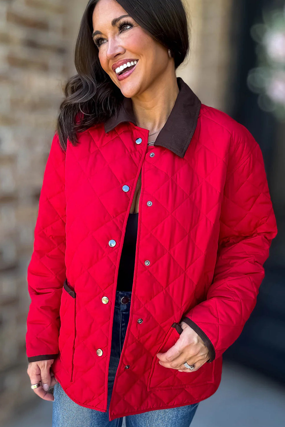 Racing Red Snap Button Quilted Color Block Collar Pocketed Winter Jacket