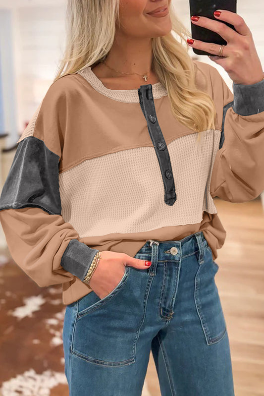 Khaki Color Block Waffled Patchwork Loose Henley Top