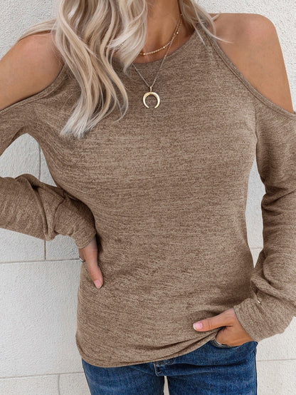 Khaki Marble Cold Shoulder Knit Top with Long Sleeves