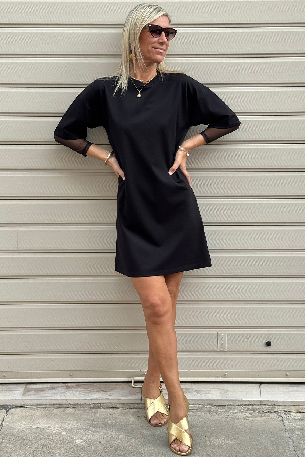 Black Mesh Long Sleeve Patchwork Shift Fit T Shirt Dress