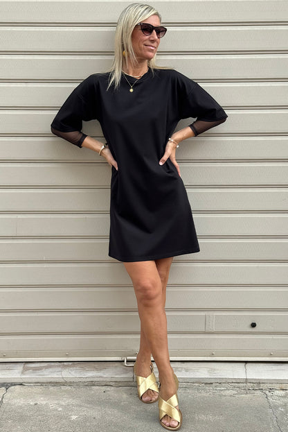 Black Mesh Long Sleeve Patchwork Shift Fit T Shirt Dress