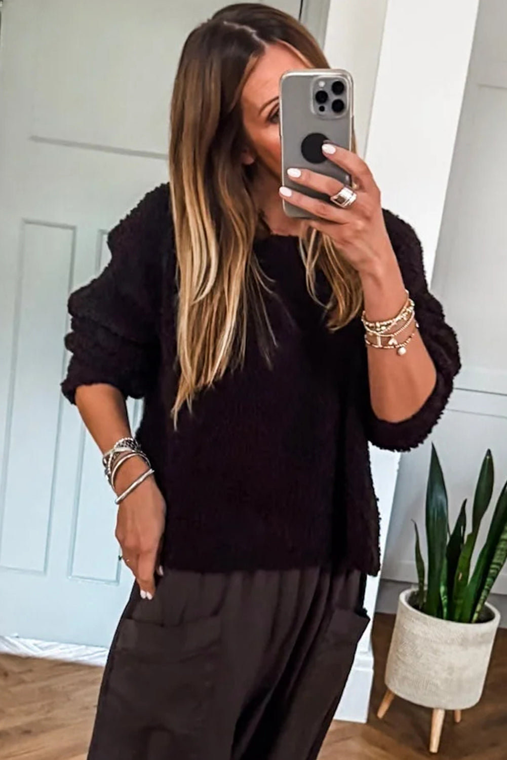 Black Round Neck Fuzzy Knit Drop Shoulder Loose Sweater