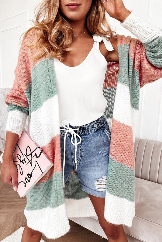 Green Striped Colorblock Open-Front Cardigan