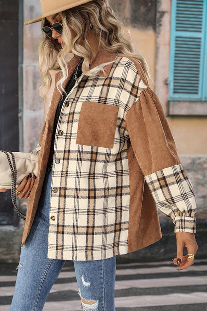 Camel Colorblock Plaid Patchwork Dropped Shoulder Loose Shacket