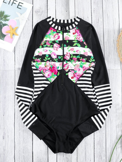Floral Striped Patchwork Rashguard Swimsuit with Long Sleeves