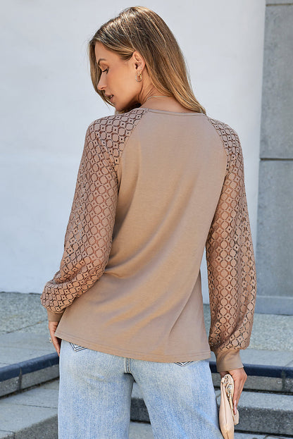 Parchment Lace Patchwork Long Raglan Sleeve Pleated Top
