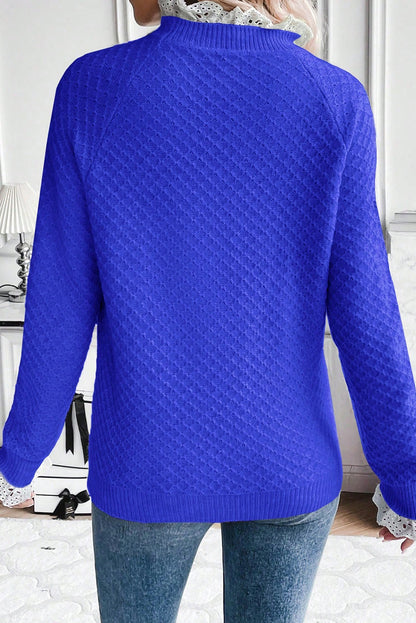 Dark Blue  Contrast Lace Frilled Trim Raglan Sleeve Sweater