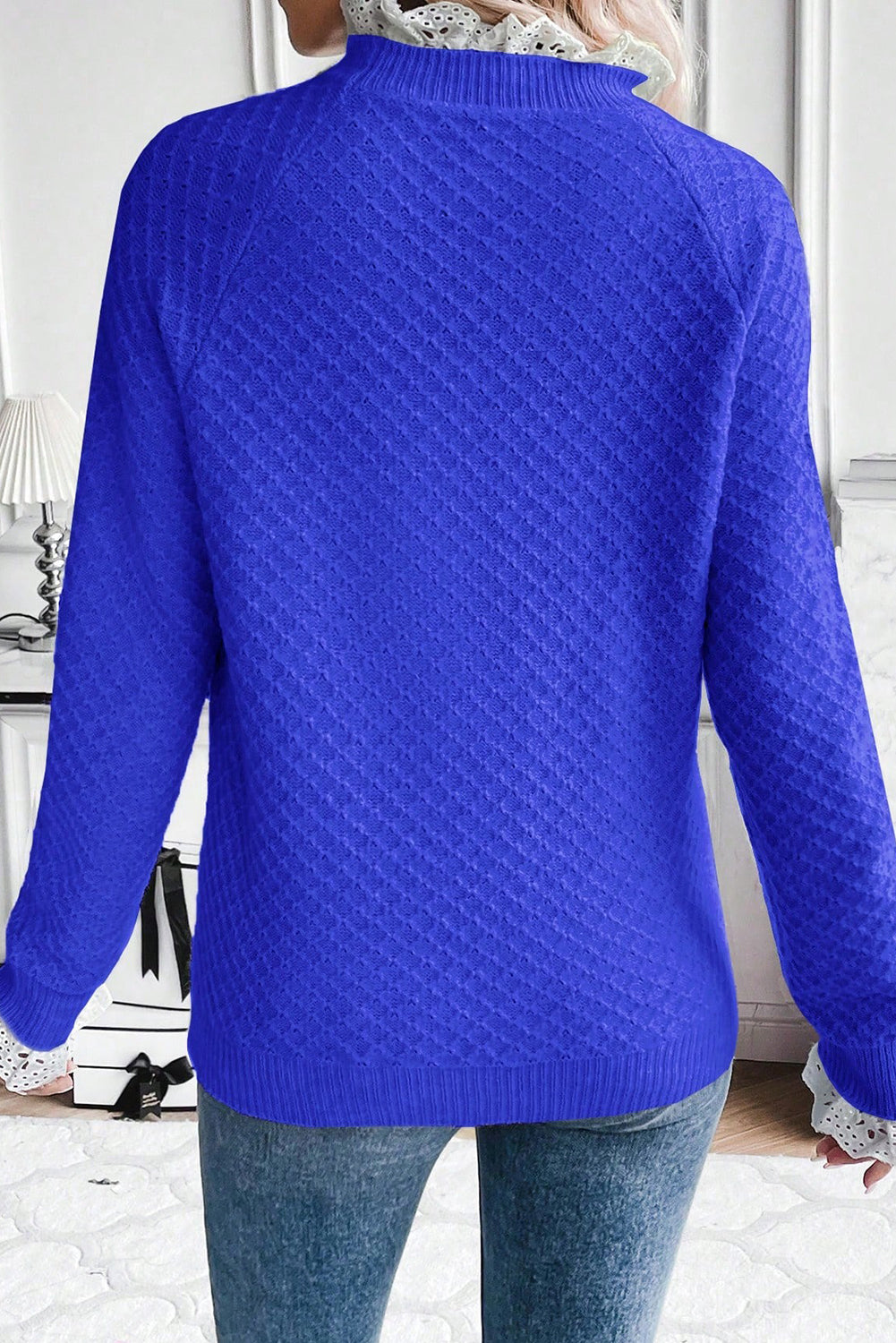 Dark Blue  Contrast Lace Frilled Trim Raglan Sleeve Sweater