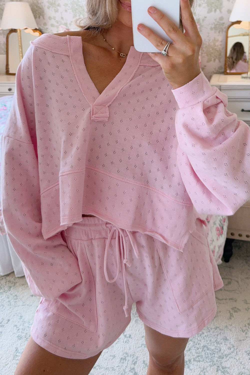 Light Pink Pointelle Patterned Loose Long Sleeve Top Drawstring Shorts 2pcs Set
