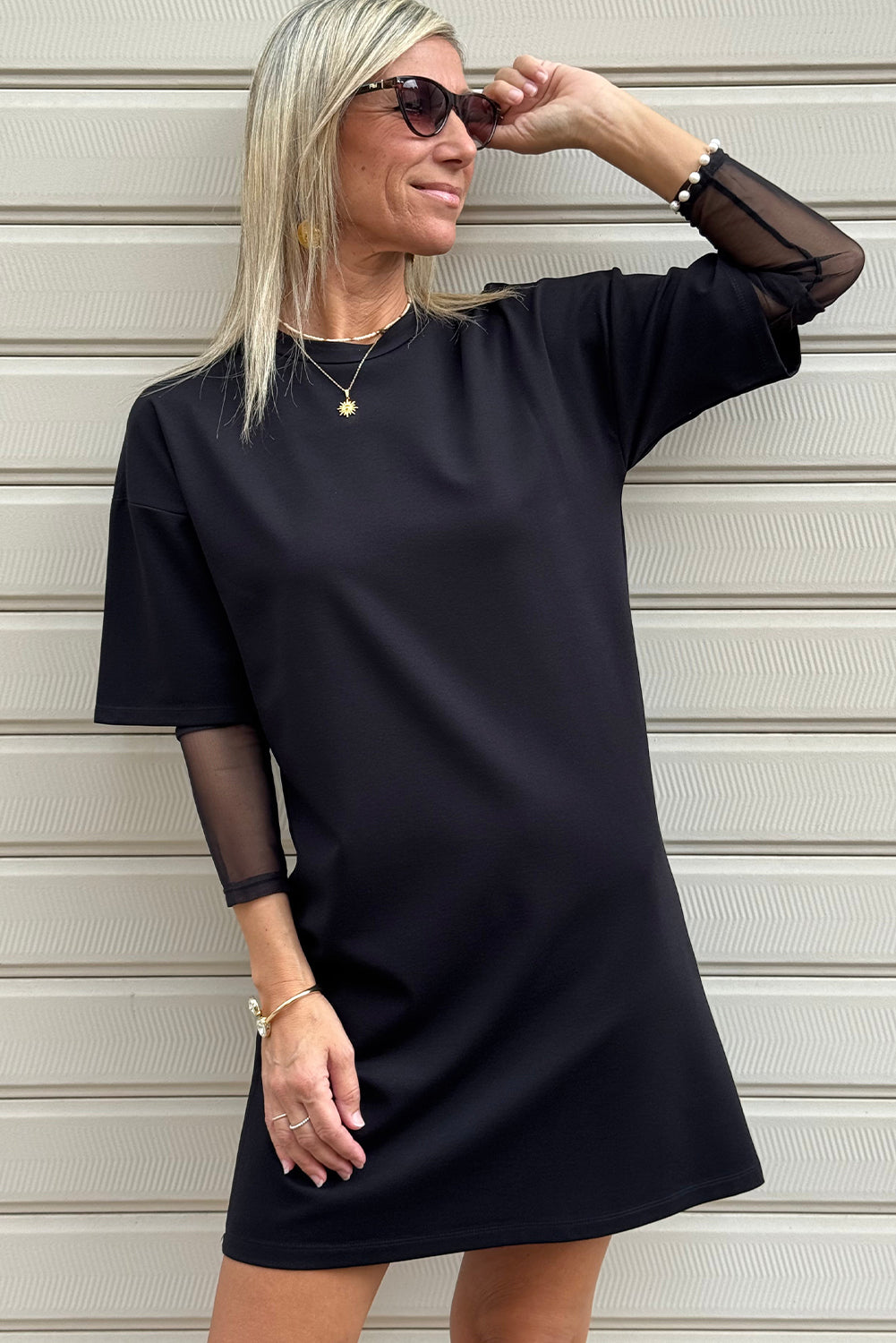 Black Mesh Long Sleeve Patchwork Shift Fit T Shirt Dress