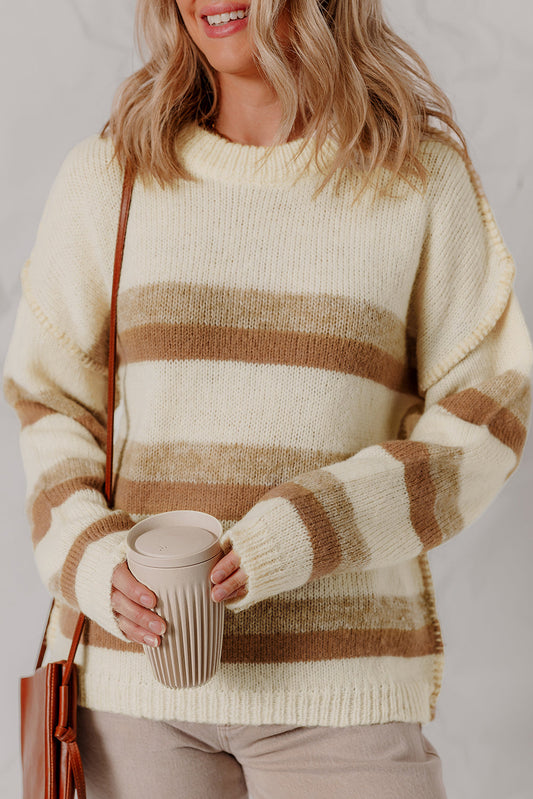 Khaki Stripe Exposed Seam Drop Shoulder Knit Baggy Sweater