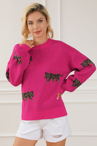 Fierce Leopard Print Rose Red Knit Sweater for Casual Chic