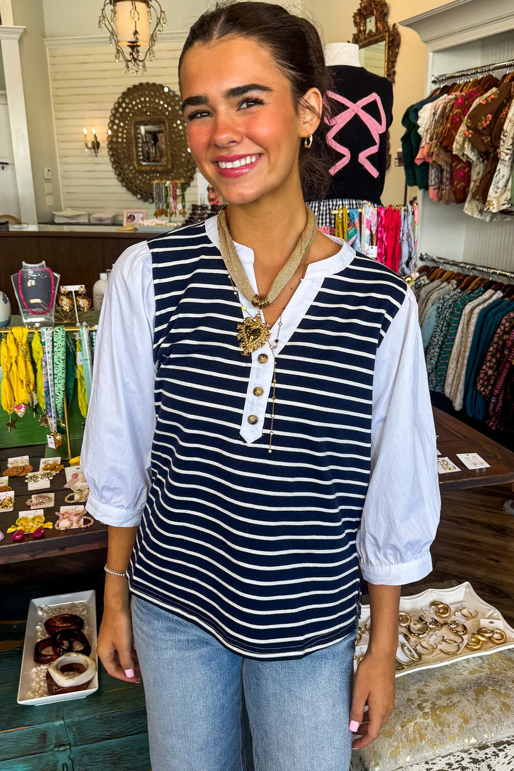 Black Stripe Half Placket V Neck Contrast 3/4 Sleeve Patchwork Top