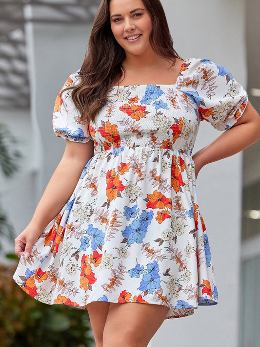 White Floral Smocked Flared Plus Size Dress