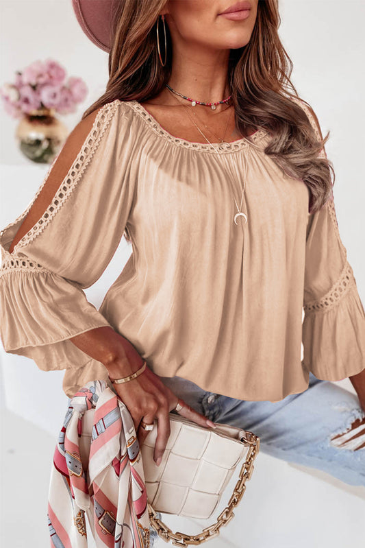 Apricot Lace Crochet Sleeve Ruffle Blouse with Cut-Out Detail