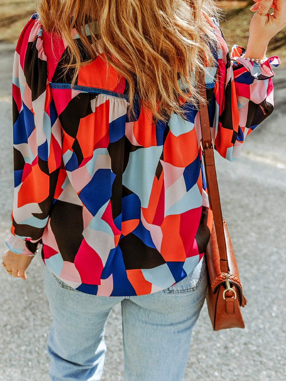 Glowing Abstract Pattern Ruffled Sleeve Crewneck Blouse