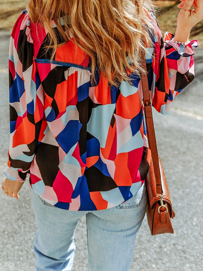 Glowing Abstract Pattern Ruffled Sleeve Crewneck Blouse