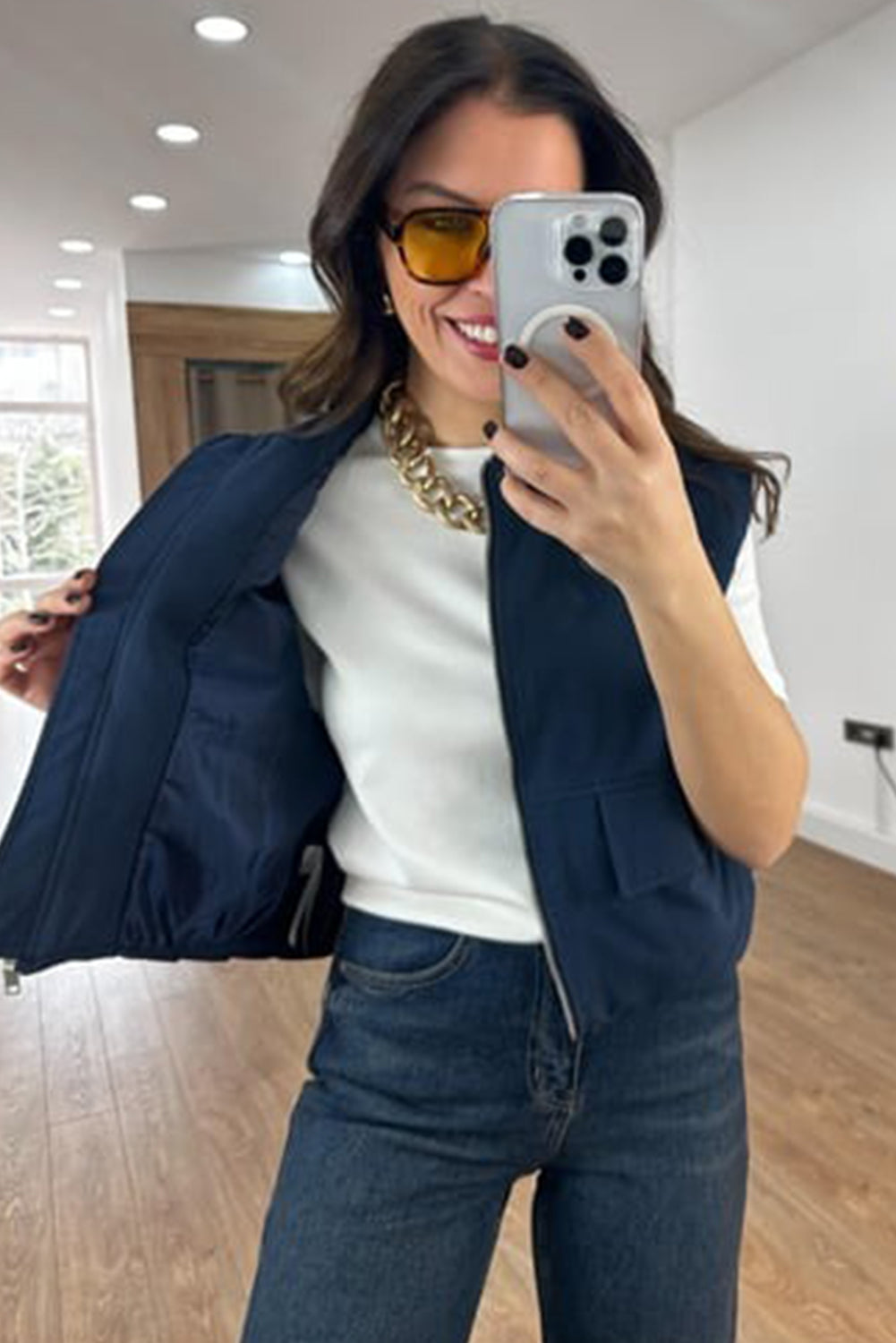 Sail Blue Mock Pockets Zipped Front Cargo Style Casual Vest