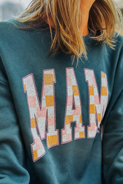 Blue Sapphire Checkered MAMA Graphic Drop Shoulder Crew Neck Sweatshirt