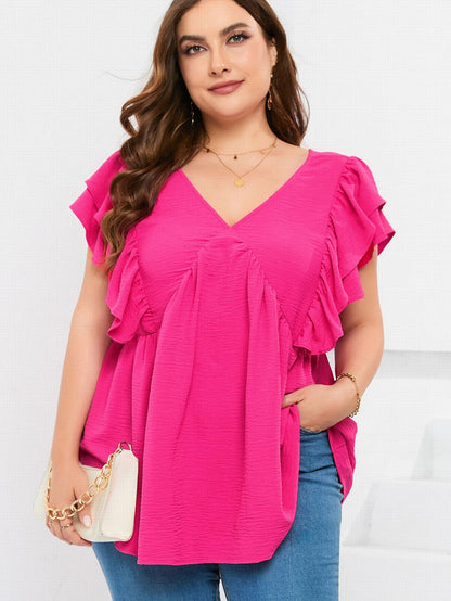 Pretty in Pink V-Neck Ruffle Tunic Top with Tie Back