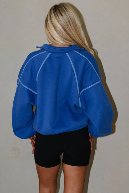 Sky Blue Button up Collared Exposed Seam Chic Sweatshirt