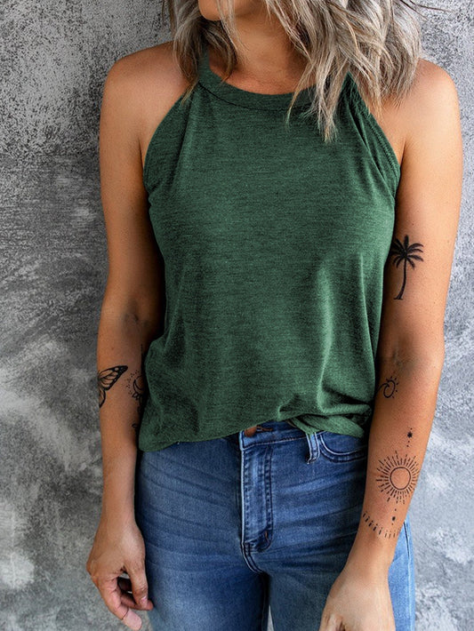 Green Sleeveless Solid Color Round Neck Tank Top