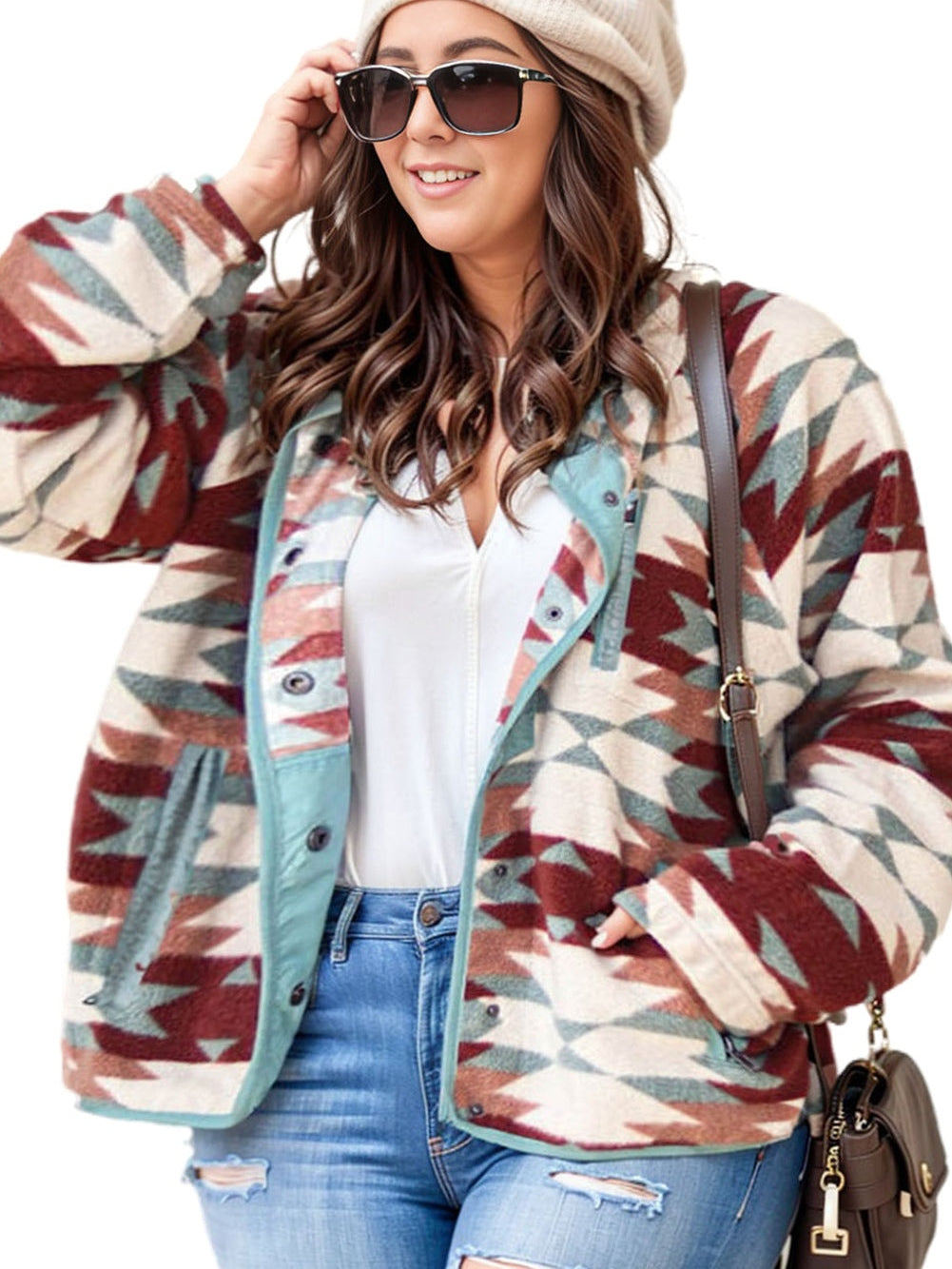 Fiery Red Geometric Aztec Pattern Plus Size Fleece Jacket