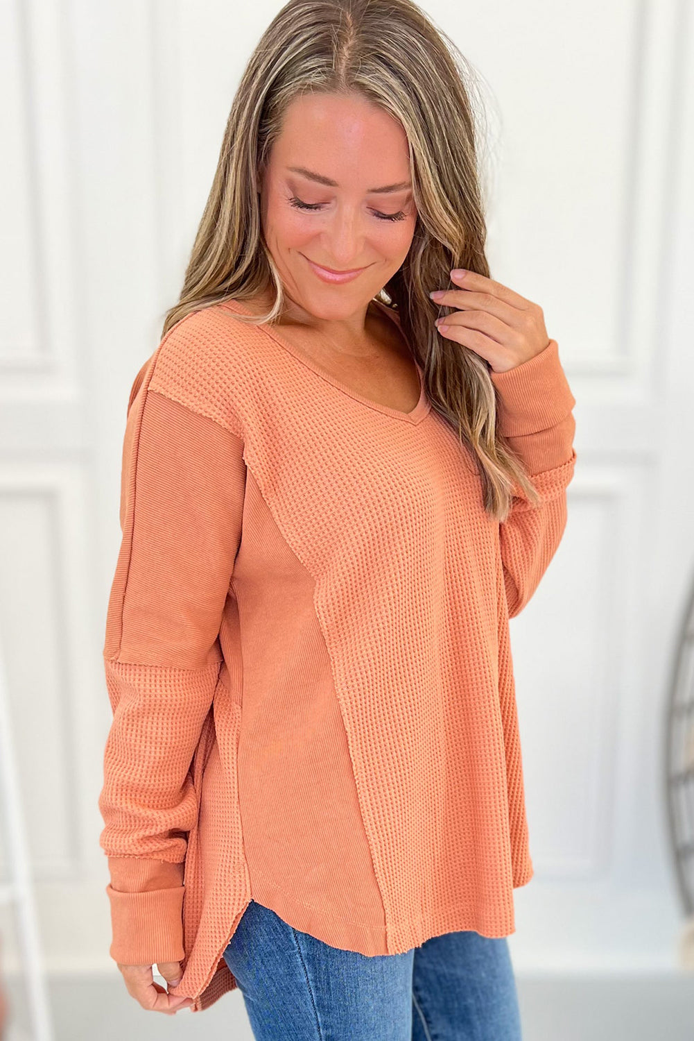 Grapefruit Orange Waffle Knit Patchwork Loose Casual Top