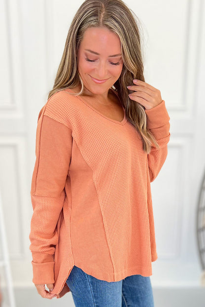 Grapefruit Orange Waffle Knit Patchwork Loose Casual Top