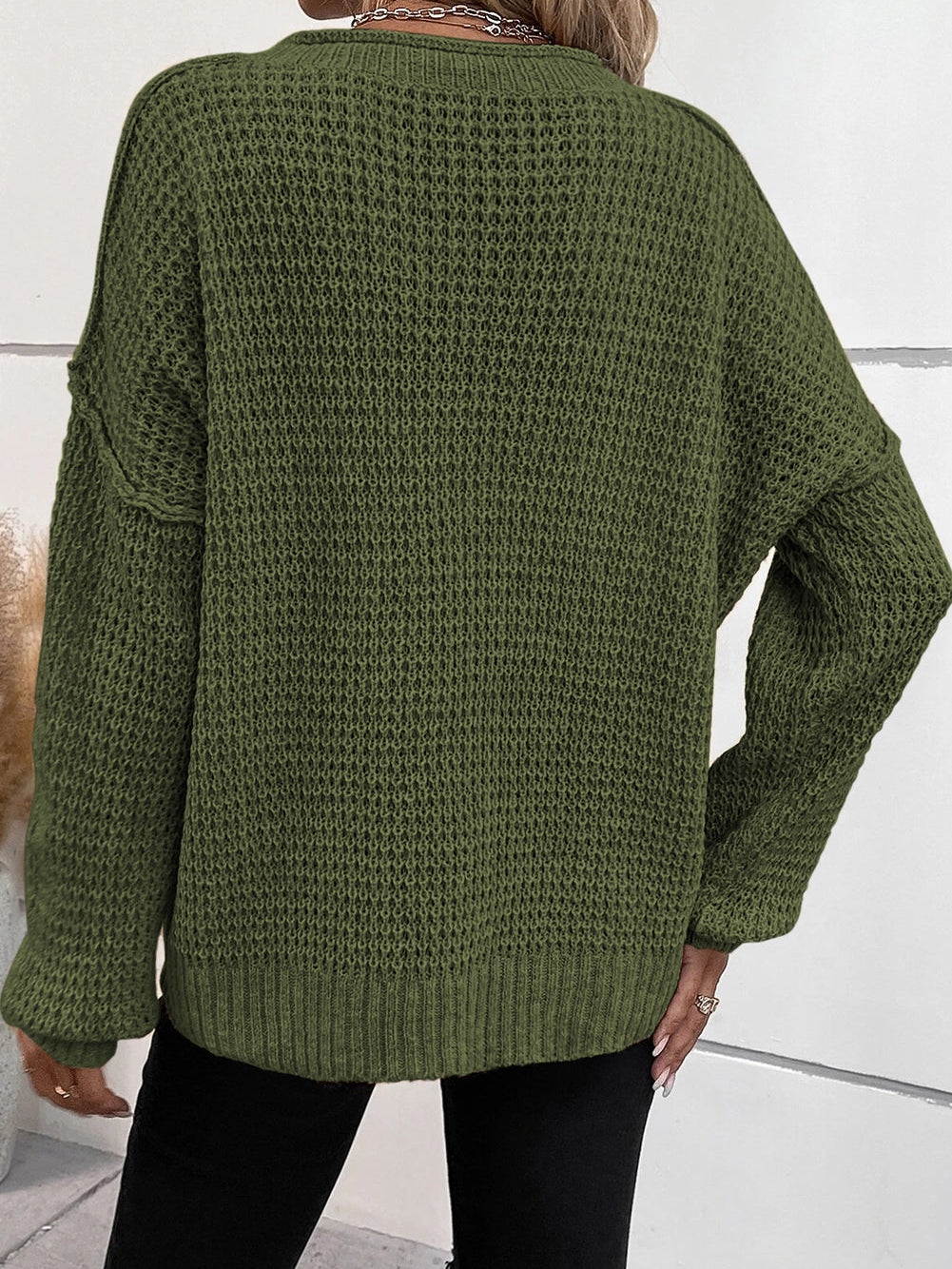 Green Buttoned V Neck Drop Shoulder Sweater with Pointelle Knit