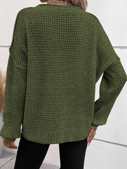 Green Buttoned V Neck Drop Shoulder Sweater with Pointelle Knit