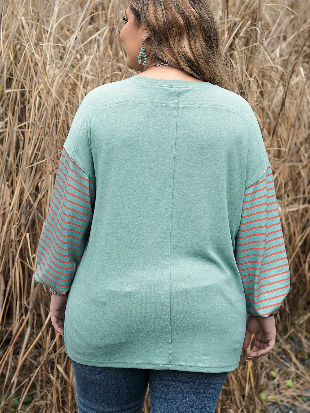 Green Plus Size Striped Long Sleeve Colorblock Tee with Slits