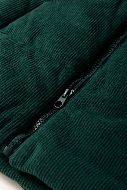 Jungle Green Corduroy Stand Neck Zipped Puffer Vest