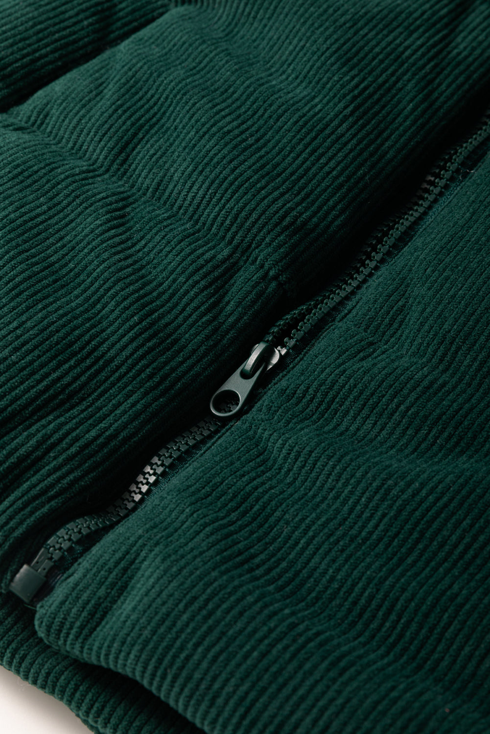 Jungle Green Corduroy Stand Neck Zipped Puffer Vest