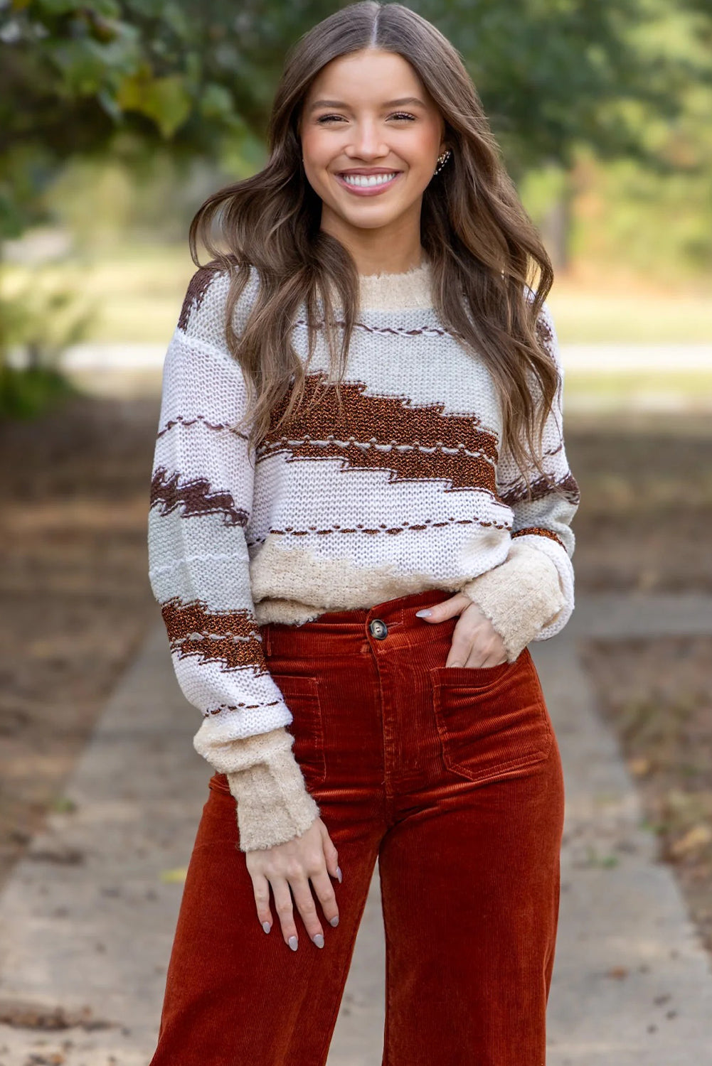 Brown Unique Color Block Knit Casual Sweater