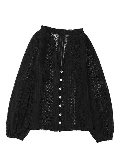 Elegant Black Lace V-Neck Button Up Blouse