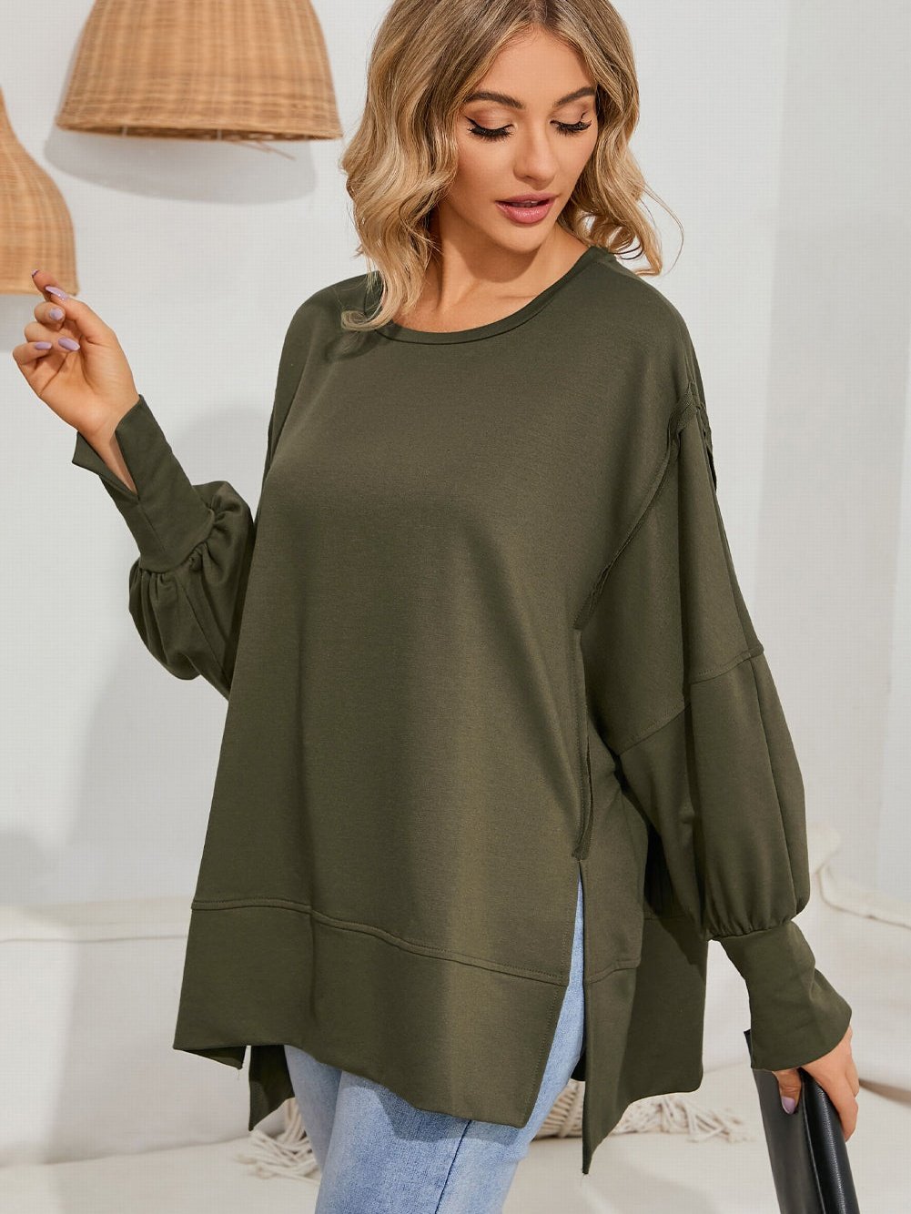Green Patchwork Oversized Drop Shoulder Top