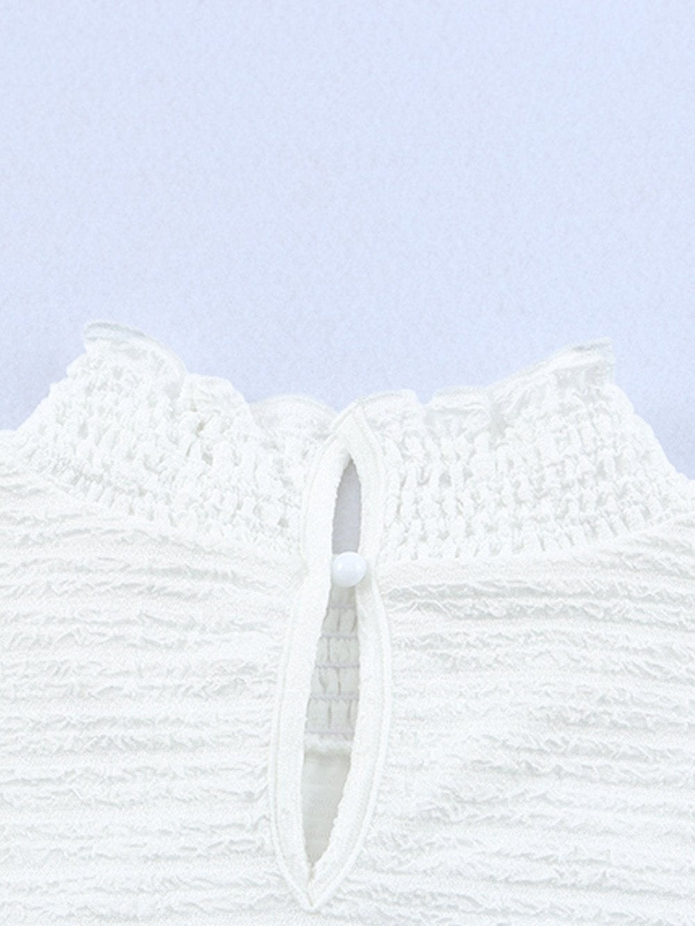 Elegant Textured White Lantern Sleeve Blouse with Smocked High Neck