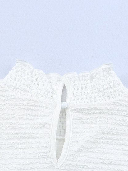 Elegant Textured White Lantern Sleeve Blouse with Smocked High Neck