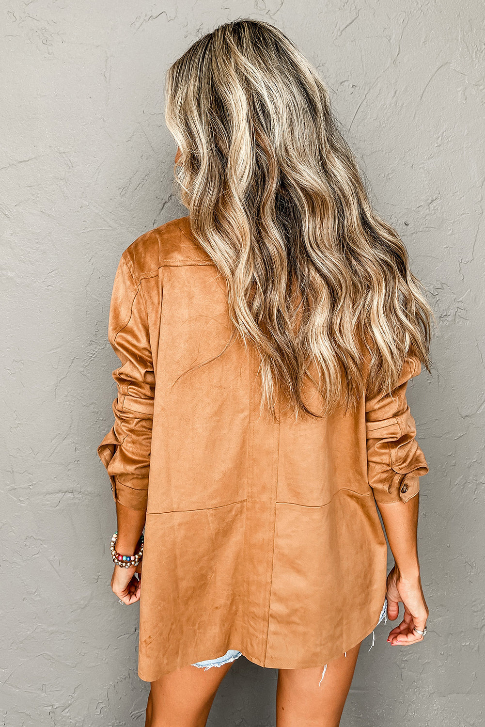 Faux Suede Camel Button-Up Jacket with Southern Belle Style