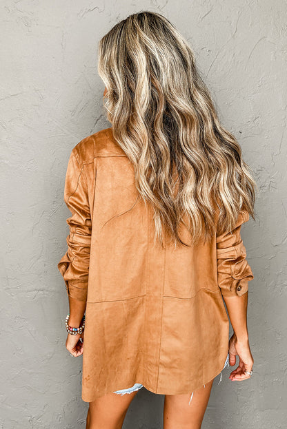 Faux Suede Camel Button-Up Jacket with Southern Belle Style