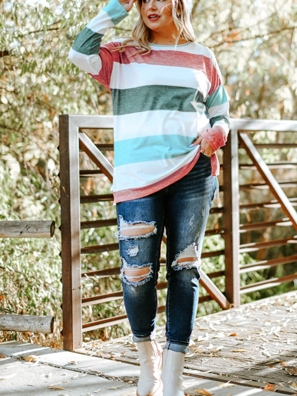 Green Striped Colorblock Shift Top for Curvy Women