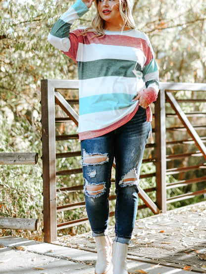 Green Striped Colorblock Shift Top for Curvy Women