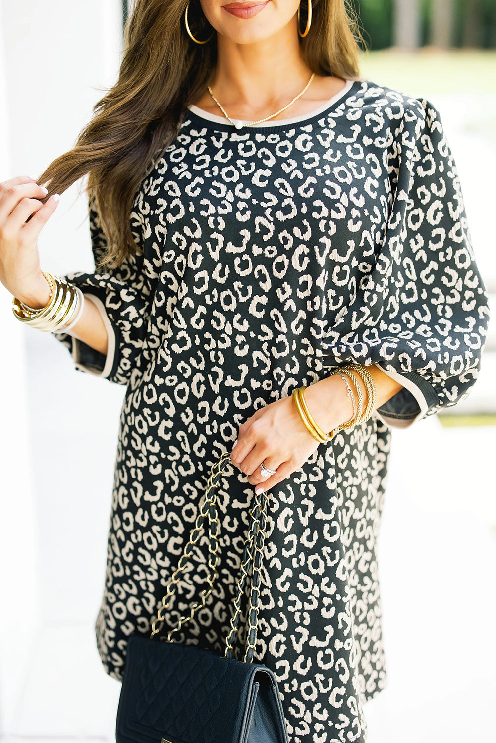 Black Leopard Print Bubble Sleeve Shift Mini Dress