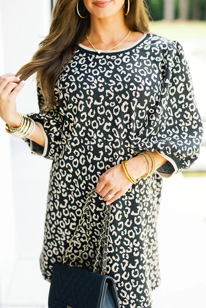 Black Leopard Print Bubble Sleeve Shift Mini Dress