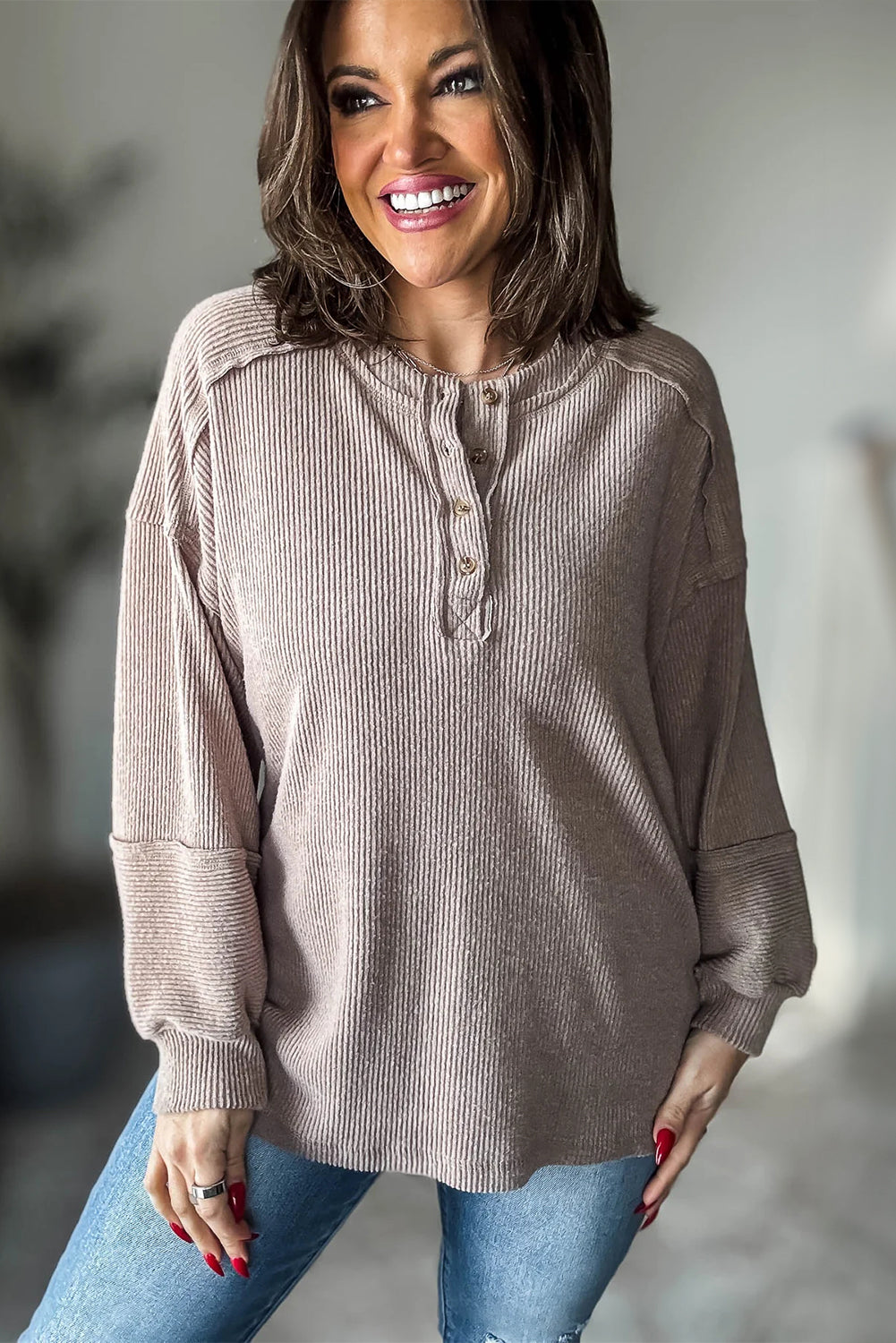 Smoke Gray Brushed Ribbed Knit Exposed Seam Drop Shoulder Henley Top