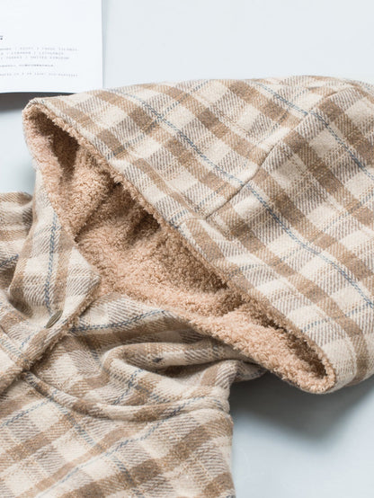 Khaki Checkered Sherpa-Lined Hooded Shacket